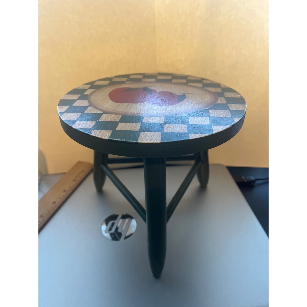 Vintage Hand Painted Miniature Wooden Stool Apple Checkered Riser Plant Stand